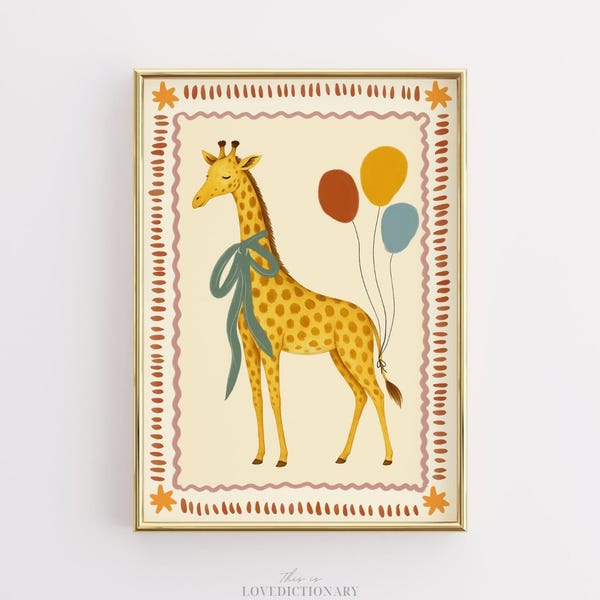 Vintage Giraffe Nursery Print, Whimsical Animal Balloon Art (Digital Download)