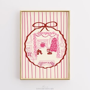 Cozy Christmas Living Room Print, Pink Holiday Wall Art, Festive Fireplace and Tree Illustration, Whimsical Xmas Decor for Seasonal Styling