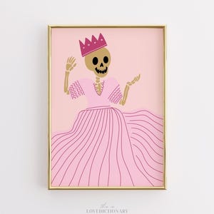 Skeleton Princess Halloween Print, Pink Preppy Wall Art, Cute Spooky Girl Decor, Funny Skeleton Art Poster, Teen Room Aesthetic Printable