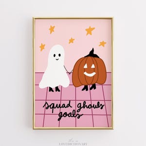 Squad Ghouls Halloween Print, Pink Preppy Wall Art, Funny Ghost and Pumpkin Decor, Cute Fall Friendship Poster, Teen Girl Room Printable