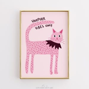 Vampire Cat Halloween Print, Pink Preppy Wall Art, Funny Spooky Decor, Cute Halloween Poster, Teen Girl Room Printable