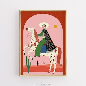 Mexican Cowgirl Wall Art, Boho Western Print, Desert Horse Poster, Folk Woman Illustration, Southwestern Decor, Colorful Cultural Artwork