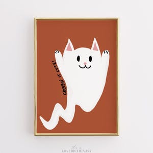 Creepin’ It Cute Halloween Print, Funny Ghost Cat Wall Art, White Feline on Orange Poster, Playful Fall Decor, Minimal Spooky Aesthetic