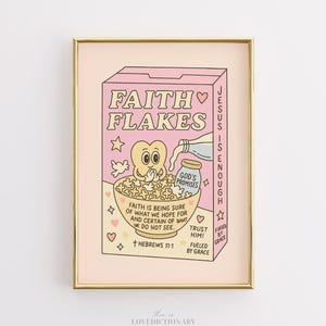 以下が含まれることがあります： 「Faith Flakes」と書かれた、気まぐれなシリアルボックスのデザインの額入りプリント。アートワークには、シリアルのボウル、漫画のキャラクター、「Jesus is Enough」というテキストが含まれています。