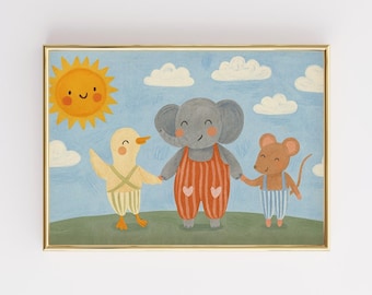 Lámina infantil con diseño de elefante, pato y ratón, ideal para la pared de la sala de juegos (descarga digital).