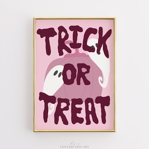Trick or Treat Halloween Print, Pink Preppy Wall Art, Cute Ghost and Pumpkin Decor, Funny Spooky Poster, Teen Girl Room Printable