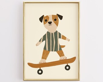 Puede incluir: Una ilustración digital de un perro marrón y blanco que lleva una camisa a rayas azules y blancas y monta un monopatín marrón con ruedas negras. El fondo es de color crema claro.