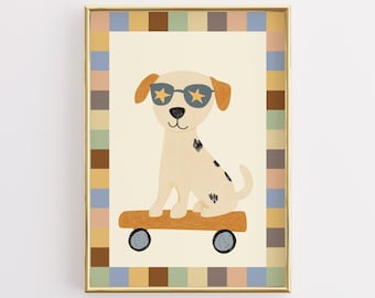 Puede incluir: Una ilustración digital de un perro con gafas de sol y montando un monopatín. El perro es blanco con manchas negras y tiene la nariz marrón. El fondo es amarillo claro con un borde a cuadros marrón, azul y beige.
