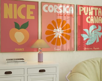 Preppy reisposterset, strandkunst aan de muur (digitale download)