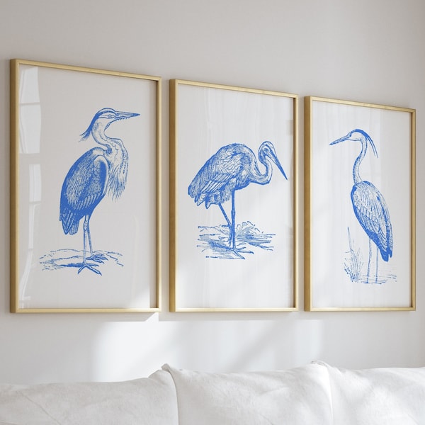 Sea Animal,Heron,Navy Blue Watercolor Set of 3 Prints,Minimalist Artwork,Botanical Print,Nautical Room Decor, Beach House Art, Nature Print