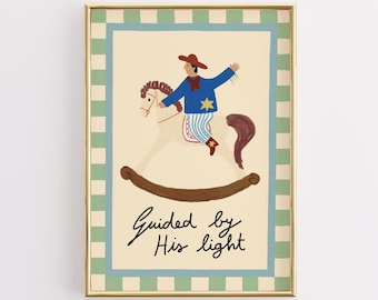Guided by His Light Nursery Wall Art, Christian Nursery Decor, Faith Based Kids Room Print, Vintage Toy Art, Neutral Baby Decor