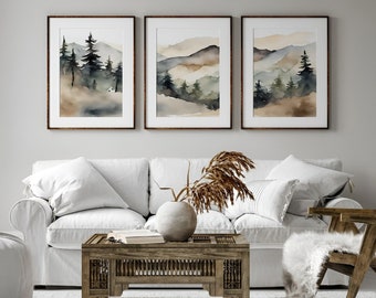 Triptyque d'art mural montagne neutre | Décoration murale moderne abstraite | Art mural nature | Impressions d'art murales aquarelles imprimables en téléchargement numérique