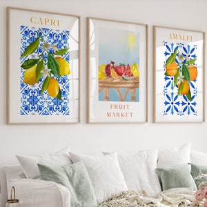 Fruit Market Print Set of 3, Italy Poster, Fruit Poster,Botanical Gallery Wall Set,Colorful Art Print, Kitchen Deco, Orange Lemons