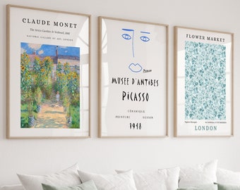 Gallery Wall Set, Exhibition Set of 3 Prints, Claude Monet Poster, Picasso Poster, Flower Market Print, Museum Poster Set, Digital Print Set