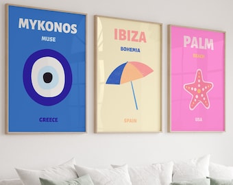 Reisprints Ibiza Mykonos Palm Beach, preppy Y2K-posterset (digitale download)