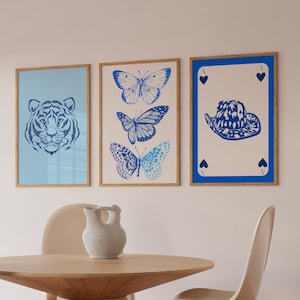 Trendy Wall Art Set of 3, Preppy Poster Prints, Blue White Wall Art, Colorful Prints, Maximalist Decor, Apartment Aesthetic, Digital Prints