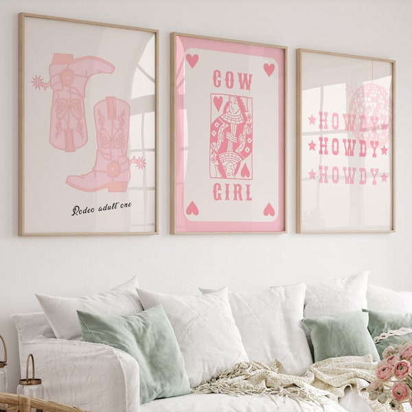 Pink Preppy Western Print Set of 3, Rodeo Decor, Cowgirl Poster Set, Howdy Poster, Pink Cowboy Boots, Trendy Wall Art, Dorm Room Decor