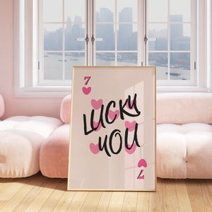 Trendy Poster Lucky You Pink Ace of Hearts Art Print, Playing Card Poster, Retro Wall Art, Preppy Room Aesthetic, Gallery Wall Print
