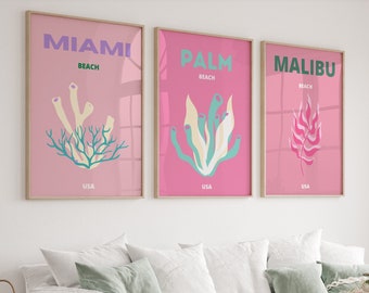 Miami, Palm, Malibu Beach prints set, roze kustmuurkunst (digitale download)
