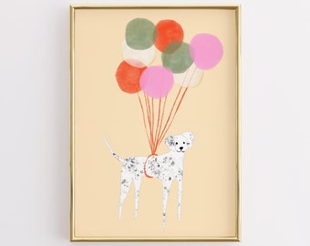 Dog with Balloons Nursery Print, Playroom Wall Art (Digital Download)