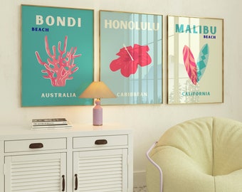 Preppy strandposters Set van 3 prints blauwe girly muurkunst Beachy kamerdecor Esthetische posters Preppy reisprints kustmuurkunst DOWNLOAD