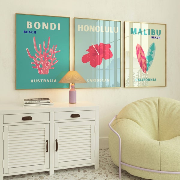 Preppy beach posters Set of 3 prints Blue girly wall art Beachy room decor Aesthetic posters Preppy travel prints Coastal wall art DOWNLOAD