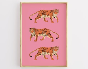 Póster de tigre rosa con estampado, estilo preppy, ideal para decorar paredes (descarga digital).