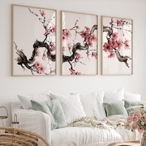 水彩桜の壁アート三連画 | カラフルな植物のプリント | 自然の壁アート | デジタルダウンロード印刷可能なギャラリー壁セット