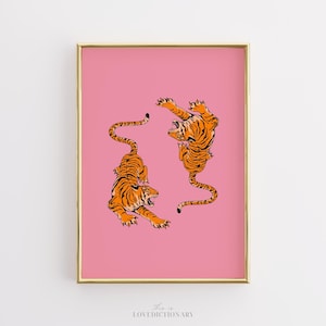Estampado de tigre naranja rosado, decoración de habitación preppy, póster de tigre preppy, arte de pared bohemio, póster imprimible grande, estampado animal, arte de pared moderno