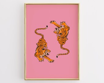 Estampado de tigre rosa, decoración de habitación estilo boho preppy (descarga digital)