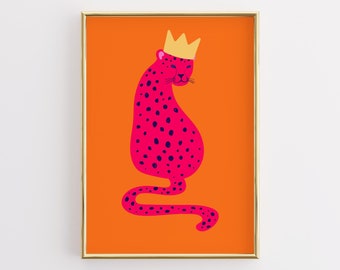 Pink Leopard with Crown Art Print, Preppy Maximalist Decor (Digital Download)