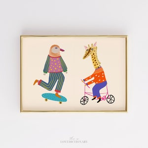 Whimsical Animal Friends Printable Art, Hand Drawn Giraffe and Bird Illustration, Colorful Kids Room Wall Art Decor