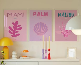 Preppy strandprints, set van 3, roze kustmuurkunst (download)