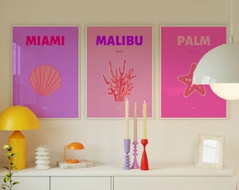 Preppy strandprintset, roze kustmuurkunst (digitale download)