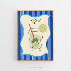 Hand Drawn Kitchen Wall Art, Kitchen Print, Mojito Wall Art, Retro Bar Cart Decor, Dining Room Wall Art, Trendy Kitchen Decor, Digital Art