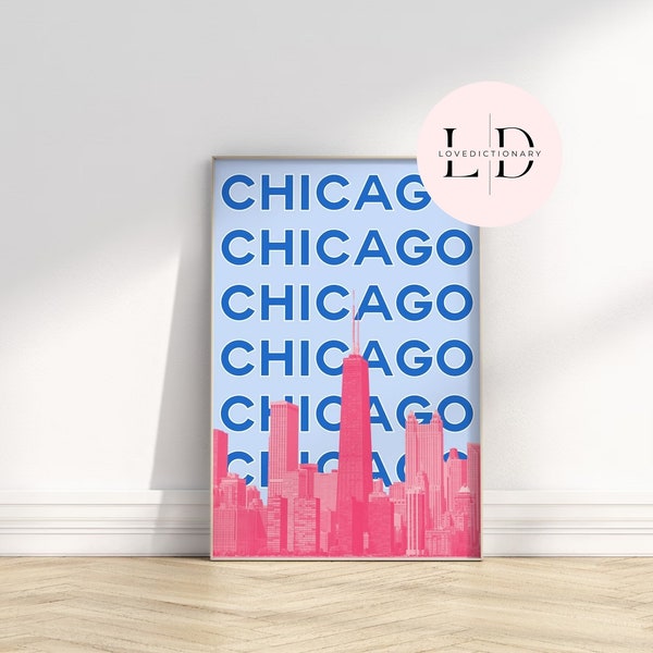 Preppy travel, Chicago Travel Print | Digital Art Download | Pink Blue Chicago Art | Trendy Travel Exhibition Print, Cute Retro Wall Art