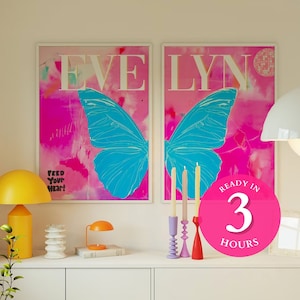 Impression d'art papillon personnalisée, papillon numérique tendance, lot de deux impressions, rose, décoration de chambre, impression d'art preppy, art mural preppy