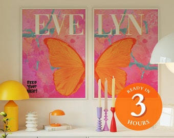 Personalized Butterfly Art Print, Set of Two, Preppy Room Decor (Digital Download)
