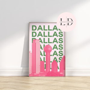 Dallas Travel Print | Digital Art Download | Pink Green Dallas Art | Trendy Travel Exhibition Print | Cute Retro Wall Art