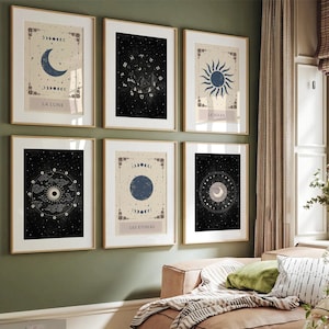 Set of 6 Printable Tarot Card Sun and Moon Art Prints, Mystical Wall Art, Tarot Home Decor, Witchy Printable Wall Art | DIGITAL DOWNLOAD