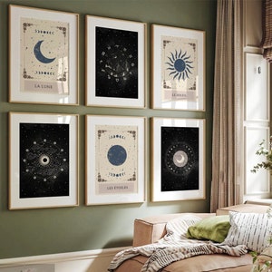 Set van 6 afdrukbare tarotkaarten zon en maan kunstafdrukken, mystieke muurkunst, tarot home decor, Witchy afdrukbare muurkunst | DIGITALE DOWNLOAD