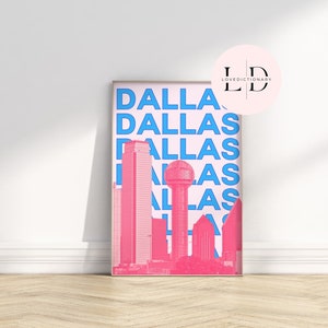 Dallas Travel Print | Digital Art Download | Pink Blue Dallas Art | Trendy Travel Exhibition Print | Cute Retro Wall Art