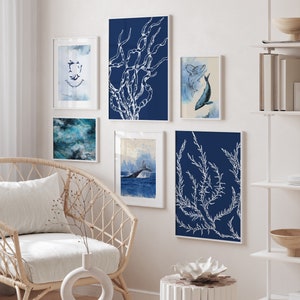 Coral Seaweed, Navy Blue Watercolor Set of 3 Prints, Beach Gallery Wall, Coastal Prints, Nautical Room Decor, Beach Home Decor, Beachy Art