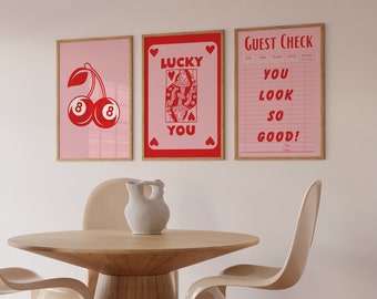 Trendy Retro Wall Art Set Of 3, Retro Trendy Aesthetic Print, Red Ace Card Poster, Lucky You Poster, Trendy Wall Art, Funky Art, Digital