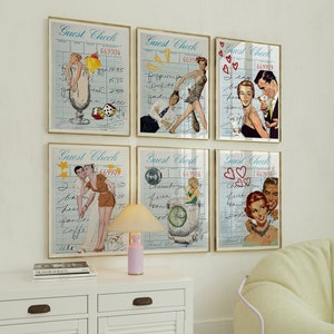 Set of 6 Retro Guest Check Drink Prints Bar Cart decor-College Apartment Decor-Retro Magazine Art Prints-Dorm Wall Art, Printable Wall Art