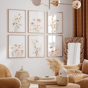 Zestaw 6 wydruków z dzikimi kwiatami, zestaw ścienny z akwarelowymi kwiatami, neutralny plakat kwiatowy, minimalistyczny bukiet, 6-częściowy obraz ścienny w stylu boho botanicznym