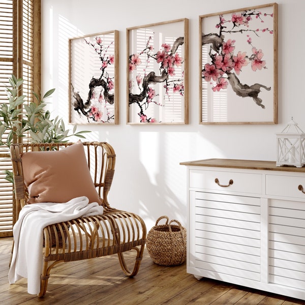 Watercolor Cherry Blossoms Wall Art Triptych | Colorful Botanical Prints | Nature Wall Art | Digital Download PRINTABLE Gallery Wall Set