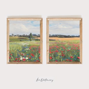 Wildblumenfeld 2-er Set Drucke, Land 2 Stück Vintage Wandkunst, Landschaftsmalerei, Neutral Split Print, Bauernhaus Dekoration, Digitaldruck