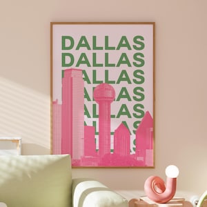 Dallas Travel Print | Digital Art Download | Pink Green Dallas Art | Trendy Travel Exhibition Print | Cute Retro Wall Art