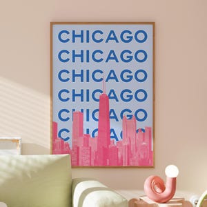 Preppy travel, Chicago Travel Print | Digital Art Download | Pink Blue Chicago Art | Trendy Travel Exhibition Print, Cute Retro Wall Art